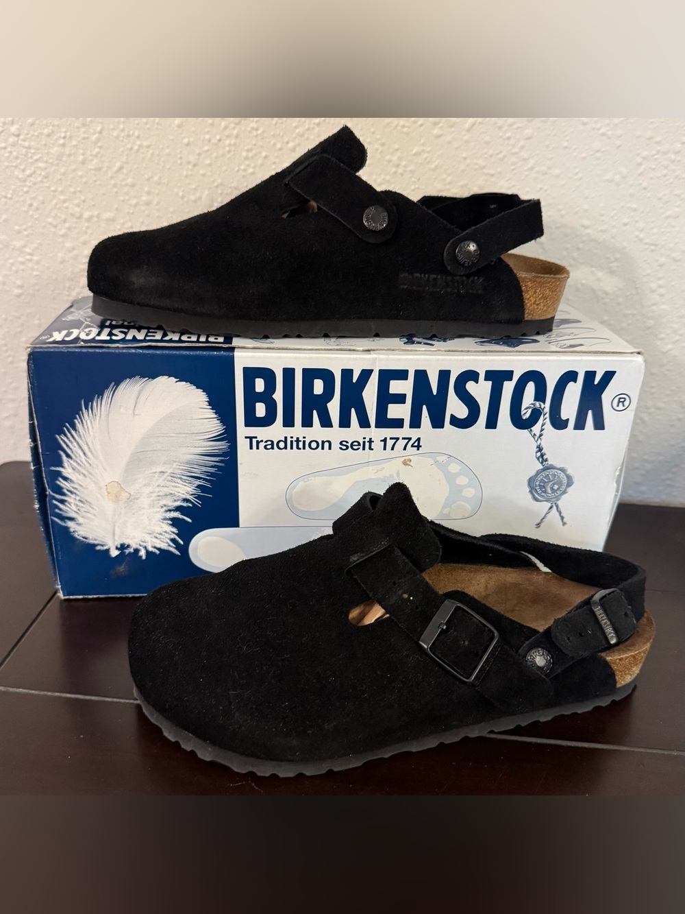 Birkenstock Women’s Black Suede Boston Clogs with Heel Strap and Buckle